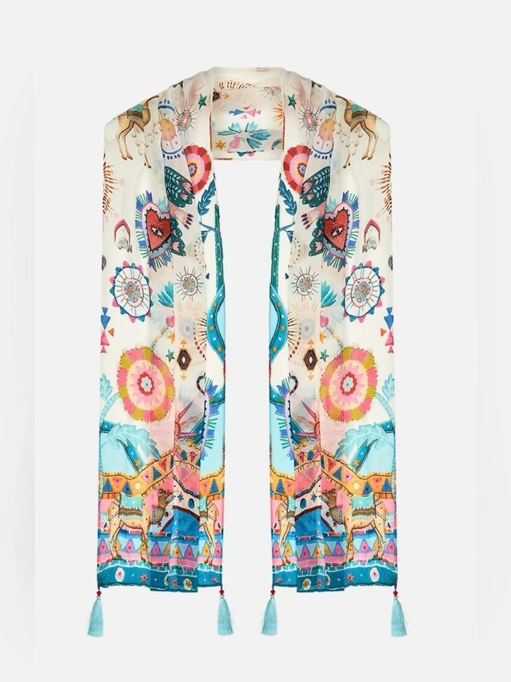 CAMILLA “Living In Colour” white silk boho long scarf shawl belt top head wrap